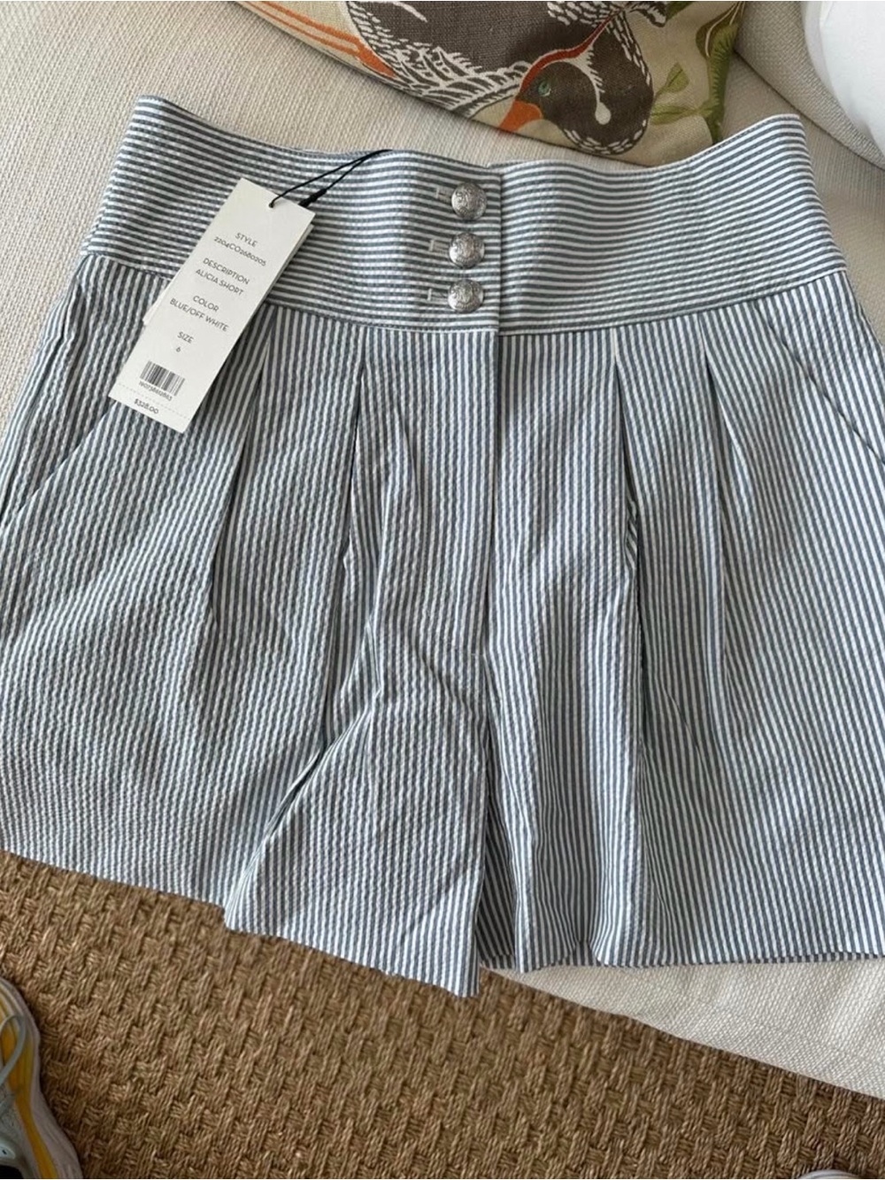 Veronica Beard Blue and White Pinstripe High-Waist Shorts - Picture 4 of 5